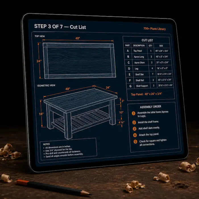 Tablet showing a step-by-step woodworking plan with cut list